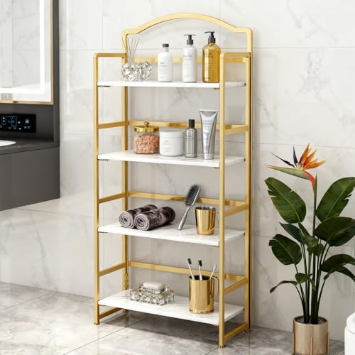 JSB 4 Tier No Assembly Folding Bookshelf, Arched Bookshelf, Foldable Bookcase for Living Room, Bedroom, Office,Skinny Bookshelf (White and Gold) - color: White and Gold, size: 4-Tier