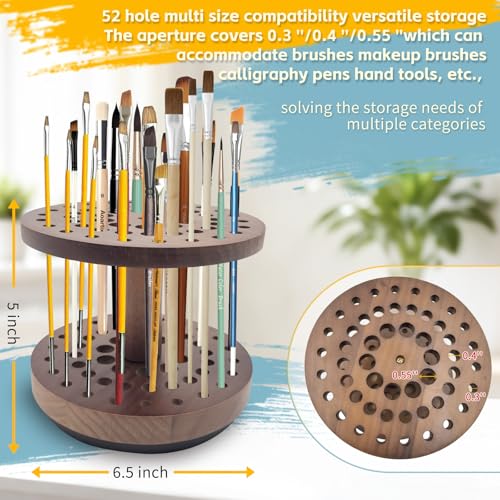 360° Rotating Hardwood Paint Brush Holder, Artist Desktop Storage Organizer - color: brown(52 Holes)