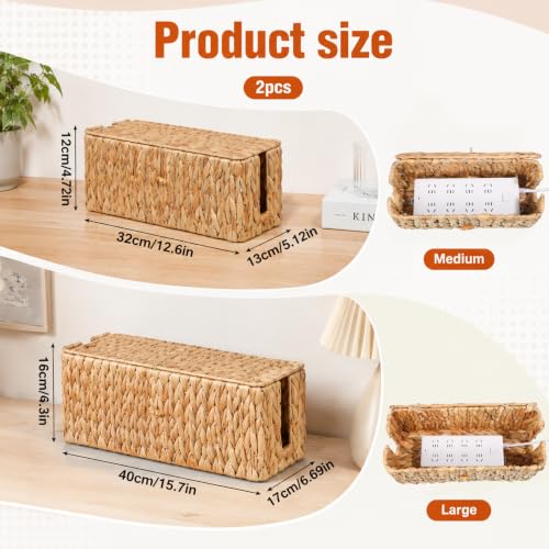 2 Pack Rattan Cable Management Box with Lid & 2 Side Open Slots