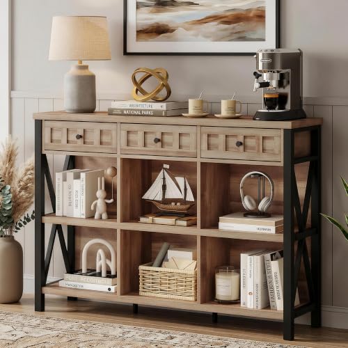 FATORRI Rustic 6 Cube Storage Organizer Bookshelf with 3 Drawers, 47 Inch Long Horizontal Bookshelf, Industrial Wood Short Low Cube Bookcase for Living Room, Home Office (Rustic Oak) - color: Rustic Oak, size: With Drawer