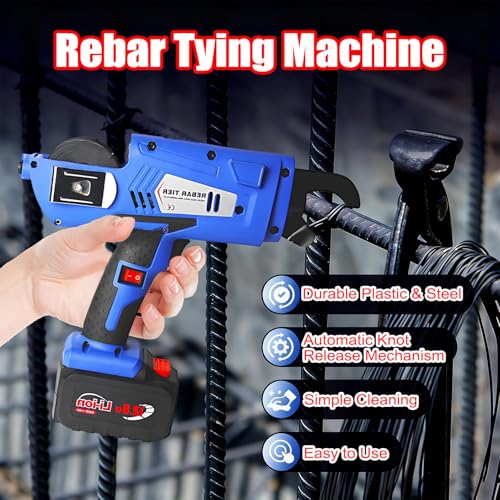 Electric Rebar Tying Machine 8-34mm, Automatic Steel Binding Tool with 2x4400mAh Batteries & Wire Coils, Efficient Rebar Tier Gun for Construction