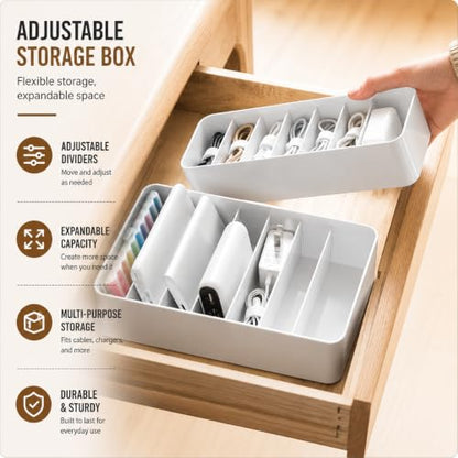 Cable Storage Box with Cable Straps and 6 Magnetic Cable Clips | With 6 Removable Dividers, 7 Cable Ties & 6 Magnetic Clips, Ideal for Chargers, USB Cables & Office Supplies