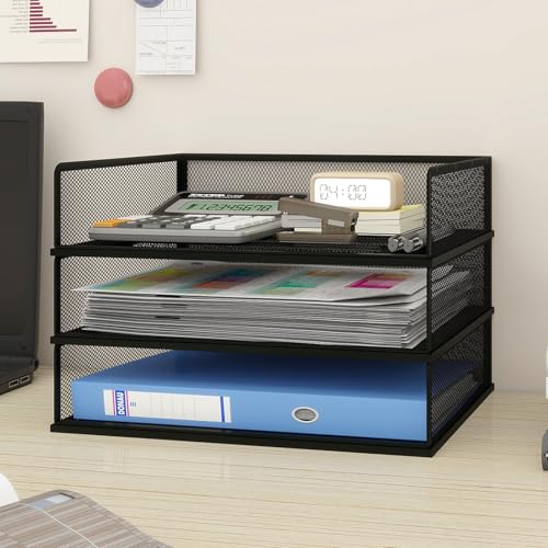 Natwind 3-Tier Stackable Metal Mesh Letter Paper Tray Organizer,Black | Desk Organizer For Paper,Document,Mail Tray For Office Supplies,File Holder For Home Office School Classroom Organization - color: Black, size: 3 tier