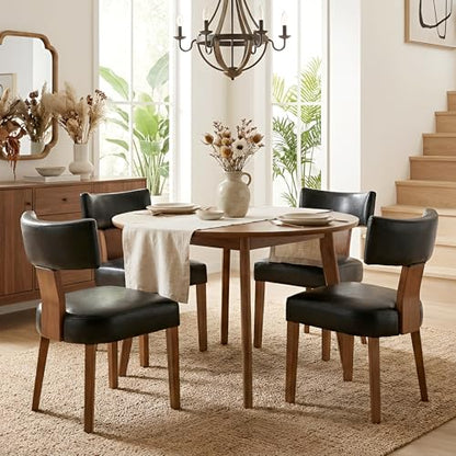 HNY Mid Century Modern Dining Chairs Set of 2, Farmhouse PU Leather Upholstered Accent Chair Curved Backrest Kitchen Chairs, with Hardwood Frame, Black - color: Black Curved