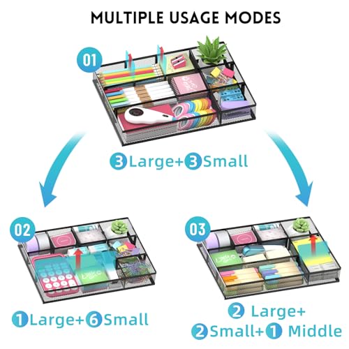 SUPEASY 2 Pack Mesh Drawer Organizer, Metal Desk Drawer Organizer Tray with 8 Adjustable Compartments, Desk Organizers and Accessories for Office Supplies, Kitchen, Makeup & Vanity (Black)