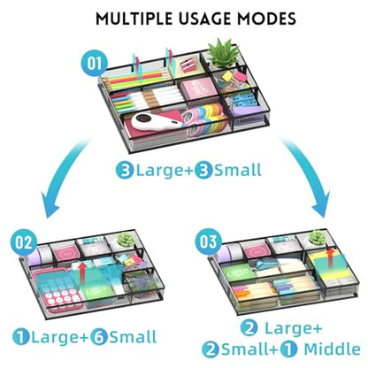 SUPEASY 2 Pack Mesh Drawer Organizer, Metal Desk Drawer Organizer Tray with 8 Adjustable Compartments, Desk Organizers and Accessories for Office Supplies, Kitchen, Makeup & Vanity (Black)