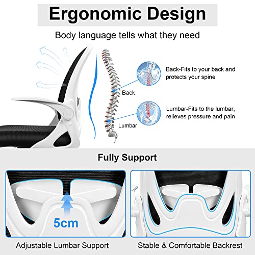 Office Chair Ergonomic Desk Chair with Flip up Armrests Swivel Breathable Desk Mesh Computer Chair with Adjustable Lumbar Support and Height for Conference Room (White) - color: White