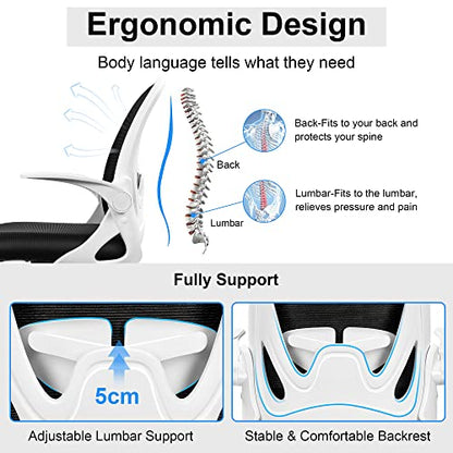 Office Chair Ergonomic Desk Chair with Flip up Armrests Swivel Breathable Desk Mesh Computer Chair with Adjustable Lumbar Support and Height for Conference Room (White) - color: White