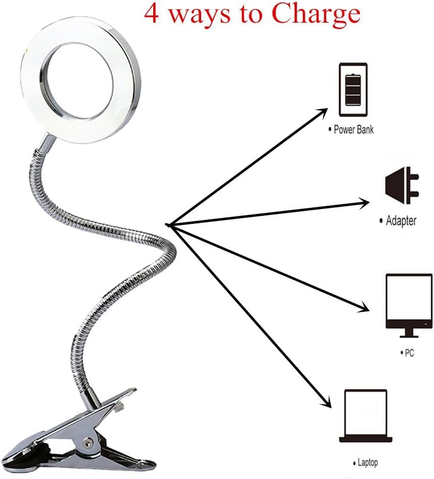Dimmable 5W LED USB Plug Clip On Light Flexible Gooseneck Reading Lamp for Laptop, Book,Piano,Bed Headboard,Desk, 3 Lighting Colors, 10 Brightness Levels (Silver) - color: Silver