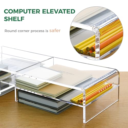 2-Tier Acrylic Monitor Stand Riser with Drawer - 19.68" Large Clear Laptop Stand - Ergonomic Desk Organizer for Computer, iMac, MacBook - Sturdy Storage Shelf for Office Supplies & Home Desktop