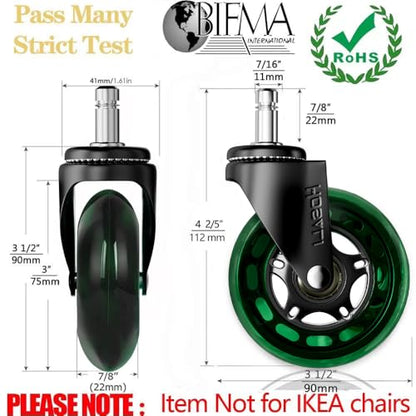 HOSALI Office Rubber Chair Wheels Replacement, 3 Inch Heavy-Duty Computer Desk Casters Wheel, Quiet & Smooth Rolling for All Floors, Set of 5, Green - style: Green