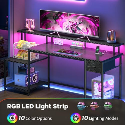 DurayLoly Gaming Desk with 55" Long Monitor Stand, 18" Ample Printer Space | Storage Drawer and File Shelves,Versatile RGB LED Lighting,Built-In USB Outlet,Sturdy Metal Frame,Bedroom Writing Desk,Black - color: Black Carbon Fiber