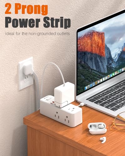 10FT 2 Prong Power Strip, WRXDMC 2 Prong to 3 Prong Outlet Adapter | 1400J Two Prong Surge Protector, 10ft Cord, 6 AC with 2 USB C and 2 USB A, Wall Mountable, Ideal for Old House