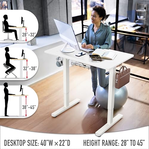 SHW 40 x 22 Inches Electric Height Adjustable Sit to Stand Desk, White | with Hanging Hooks and Cable Management, White Frame and White Top - color: White, size: 40-Inch