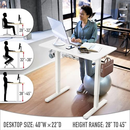 SHW 40 x 22 Inches Electric Height Adjustable Sit to Stand Desk, White | with Hanging Hooks and Cable Management, White Frame and White Top - color: White, size: 40-Inch