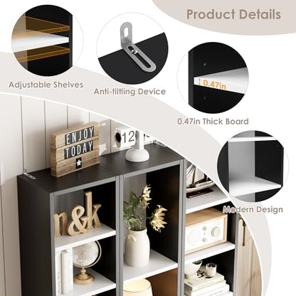 FOTOSOK Bookshelf Bookcase 8-Tier Narrow Bookshelf Tall CD Media Tower Rack | 11.6 X 9.3 X 70.9 Bookshelf, Tall Narrow Slim Skinny Display Bookcase with Cube Storage and 4 Adjustable Shelves, Black/White - color: White/Black