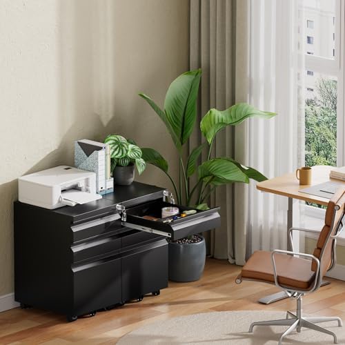 3 Drawer Mobile File Cabinet with Lock, Fully Assembled - color: Black