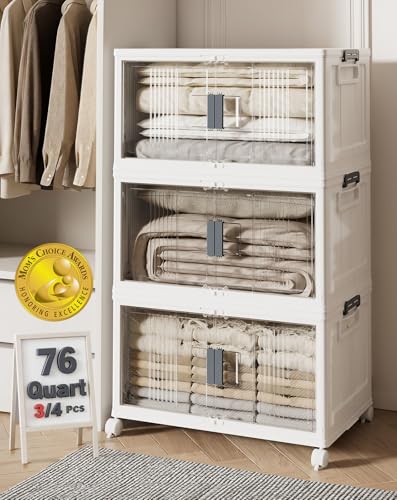 OlarHike 76QT Storage Bins with Lids for Home, Office, Closet, Dorm, 3 Pack | Multi-Lid, Lockable Cabinet, Doors & Wheels, Foldable, Collapsible, Stackable Organizers, Plastic Drawers, Containers, School - size: 76QT-White