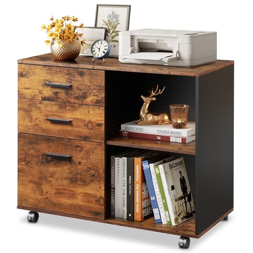 DEVAISE 3-Drawer Mobile File Cabinet, Lateral Filing Cabinet, Rustic Brown - color: Rustic Brown