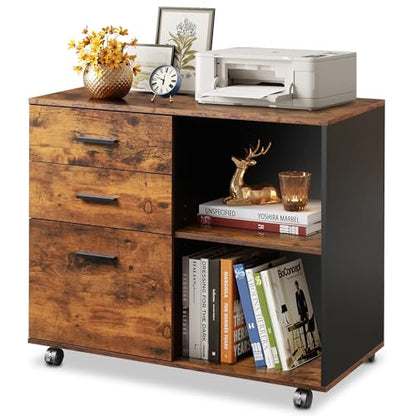 DEVAISE 3-Drawer Mobile File Cabinet, Lateral Filing Cabinet, Rustic Brown - color: Rustic Brown
