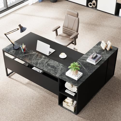 Tribesigns 71 inch Executive Desk, L Shaped Desk with Cabinet Storage, Executive Office Desk with Shelves, Business Furniture Set Workstation for Home Office, Black - color: Black