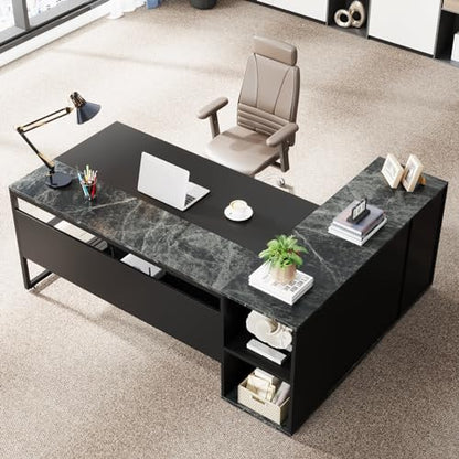 Tribesigns 71 inch Executive Desk, L Shaped Desk with Cabinet Storage, Executive Office Desk with Shelves, Business Furniture Set Workstation for Home Office, Black - color: Black