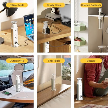 Pop Up Outlet for Countertop, Receptacle Power Strip with 3 AC Outlet 2 USB Ports, Pull Pop Up Power Socket Outlet, 2.5" Hole Recessed Outlet for Kitchen Counter Conference Desk Office, White - color: White