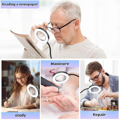 10X Magnifying Glass with Light Clip on Mganifier with 48 LED Lights