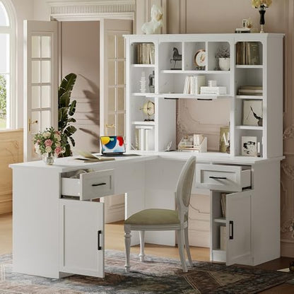 RuiSiSi L Shaped Offic Desk with Hutch and Drawers, Farmhouse Home Desk with Cabinets and Open Shelves, Wood Executive Desk for Study, Living Room, White - color: White, size: 65"L x 52"W x66.1"H