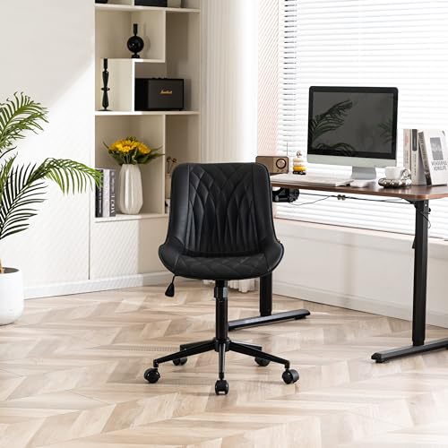 YOUNIKE Faux Leather Office Desk Chair Comfy Vanity Chair Armless Black | Ergonomic Upholstered Rocking Back, Swivel with Wheels, Height Adjustable, Modern Task Chair For Computer Sewing Drafting - color: Black