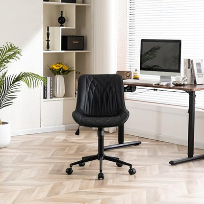 YOUNIKE Faux Leather Office Desk Chair Comfy Vanity Chair Armless Black | Ergonomic Upholstered Rocking Back, Swivel with Wheels, Height Adjustable, Modern Task Chair For Computer Sewing Drafting - color: Black