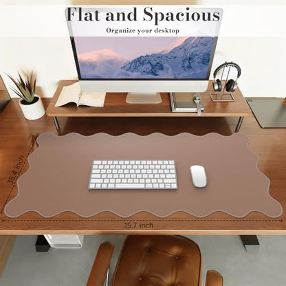 iCasso Leather Desk Pad,Extra Large Mouse Pad for Laptop,Waterproof PU Nail Table Mat,Cute Scalloped Keyboard Mats for Women Girl,Non-Slip Desk Cover Mat for Office Home School - color: Reddish Brown