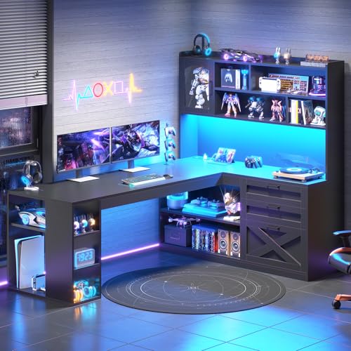 SEDETA 61" Farmhouse L Shaped Gaming Desk with Drawers, Bookshelf Storage - color: Black, size: 61 inches