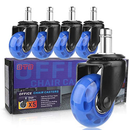 8T8 Upgraded Chair Caster Wheels 2'', Quiet and Smooth Gliding,Heavy Duty Wheels with Plug-in Stem 11X22 (7/16''X7/8''), Safe for Hardwood Carpet Tile Floors, Set of 5 (Blue, 2 inch) - color: Blue
