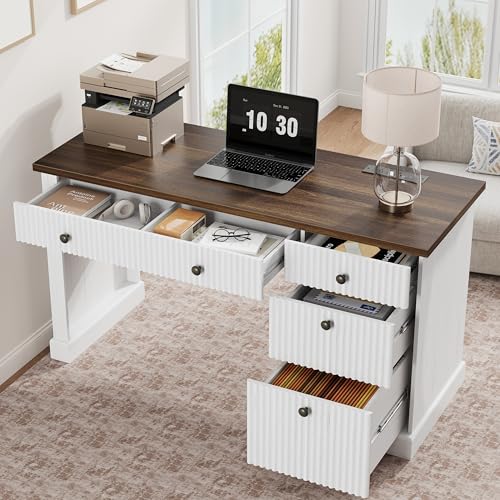 Garvee 54" Fluted Home Office Desk with File Drawer for Home Office - color: White, size: 21.6"D x 54"W x 30"H