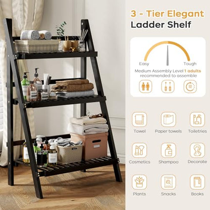 39.4" Foldable Ladder Shelf Plant Shelf, 3 Tier Bamboo Ladder Bookshelf - color: 3-Tier Black