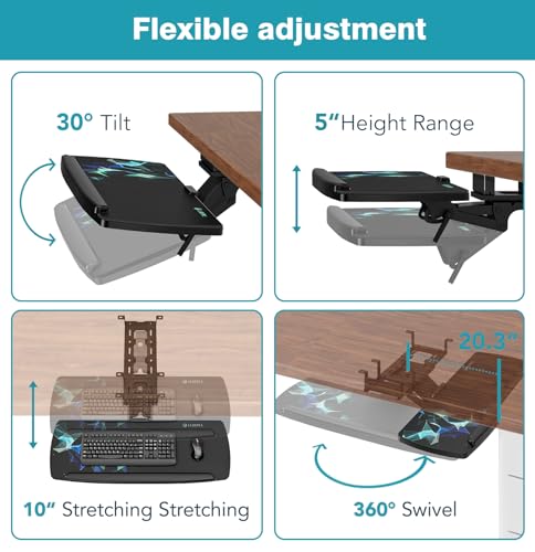Keyboard Tray Under Desk with Storage Drawer, Height Adjustable Keyboard Tray Slide Out 360° Swivel Tilt, Ergonomic Under Desk Mount Keyboard & Mouse Pad Lighting for Gaming Home Office - size: 28” Length with lighting