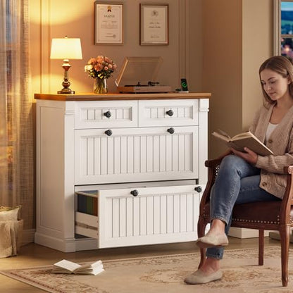 SEDETA 4 Drawers File Cabinet, 33" Farmhouse Filing Cabinets for Home Office fit Legal/Letter/A4 File, Wood Office File Cabinet with Power Outlets, Printer Stand with Storage, White+Brown - color: White+brown
