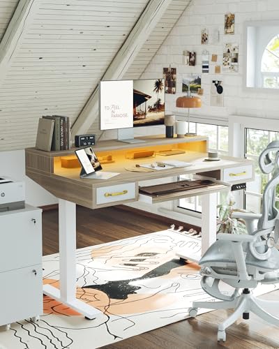TIQLAB Standing Desk with Two Drawers, Stand Up Standing Desk Adjustable Height, Electric Sit Stand Table with Storage Shelf and Splice Board, with LED Light, 55 * 28 inch, Light Walnut - color: Light Walnut, size: 55*28 inch with keyboard tray