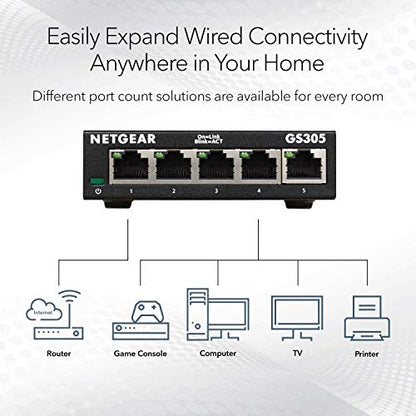 NETGEAR 5-Port Gigabit Ethernet Unmanaged Network Switch (GS305) | Essentials Model, Home Network Hub, Office Ethernet Splitter, Plug-and-Play, Silent Operation, Desktop or Wall Mount - size: 5 Port
