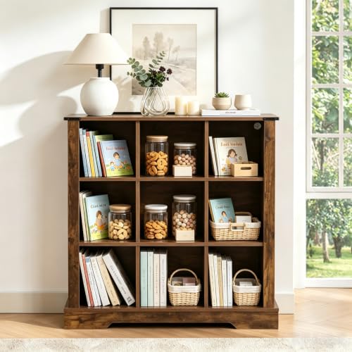 9 Cube Storage Organizer, Wood Cube Bookshelf with LED Lights, Horizontal Storage Cubes, Kids Bookshelf, Display Cabinet Cubby Shelf for Living Room Home Office Bedroom，Brown - color: Brown, size: 9
