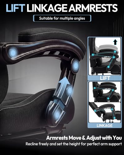 Dowinx Ergonomic Gaming Chair with Footrest & Massage Lumbar, 2D-Linkage Armrests for Computer Chair 330lbs with Headrest Pillow for Office, Home, Streaming and Long Gaming Sessions, Fabric Black - color: Pitch Black