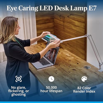 UPLIFTDESK E7 LED Desk Lamp - Adjustable 3 Color Modes, Dimmable Home Office Desk Light for Standing Desk, Dual Monitors, Aluminum Task Lamp (Silver Base) - color: Black Lamp Silver Base