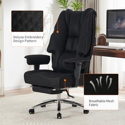 Big and Tall Office Chair 400lbs Wide Seat, Leather High Back Executive Office Chair with Foot Rest, Ergonomic Chairs Lumbar Support for Lower Back Pain Relief (Mesh Black) - color: Mesh Black