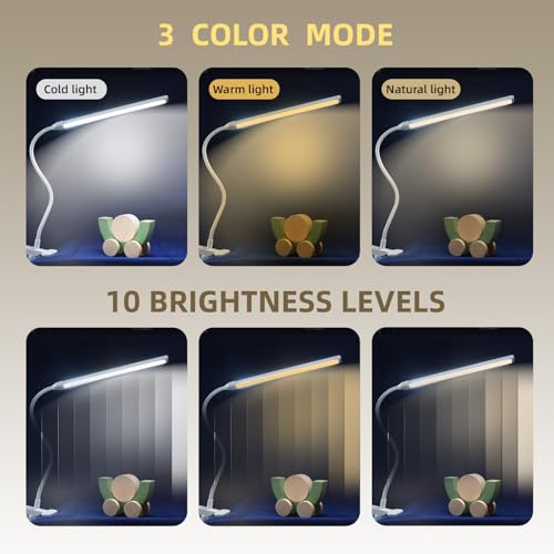 Clip on Desk Lamp with Long Flexible Arm, 3 Color Modes & 10 Dimmable Brightness LED Task Light, USB Powered for Home Office, Sewing, Study, Craft, Easel
