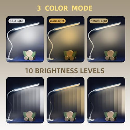 Clip on Desk Lamp with Long Flexible Arm, 3 Color Modes & 10 Dimmable Brightness LED Task Light, USB Powered for Home Office, Sewing, Study, Craft, Easel