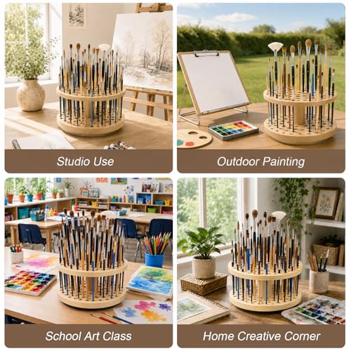 72 Hole 360° Rotating Hardwood Paint Brush Holder Organizer - color: Yellow（72 Holes）