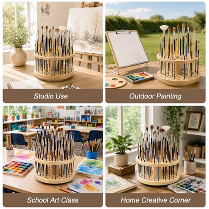 72 Hole 360° Rotating Hardwood Paint Brush Holder Organizer - color: Yellow（72 Holes）