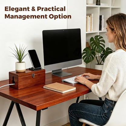 Cable Management Box with Clasp, Soild Wood Cord Box with 4 Open Slots, Cable Box to Hide Cords and Power Strip - size: Medium