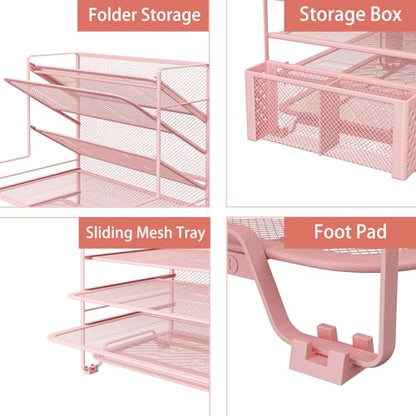 Simple Trending 7 Tier Desk File Organizer, Letter Tray Paper Organizer with Pen Holder and Metal Hanging Basket, Pink - color: 7 Tier Pink